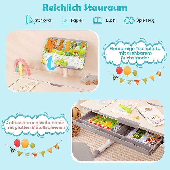 Дитячий письмовий стіл COSTWAY з регульованою висотою 51-73 см, учнівський стіл з похилою стільницею, підставкою для книг, шухлядою та вимірювальною лінійкою, ергономічний дитячий стіл для дітей 3-12 років (сірий)