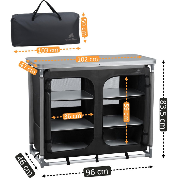 Складана кемпінгова шафа CampFeuer 102 см x 47 см x 83,5 см Кемпінгова кухня з 2 отворами на блискавці Кемпінгова полиця з алюмінієвою рамою Складана кемпінгова шафа, кемпінгова кухня, розкладна шафа