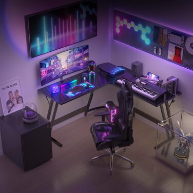 Г-подібний ігровий стіл Devoko з підставкою для монітора, кутовий стіл для геймерів, великий комп&39ютерний стіл, 120 x 120 см, чорний колір з вуглецевого волокна.