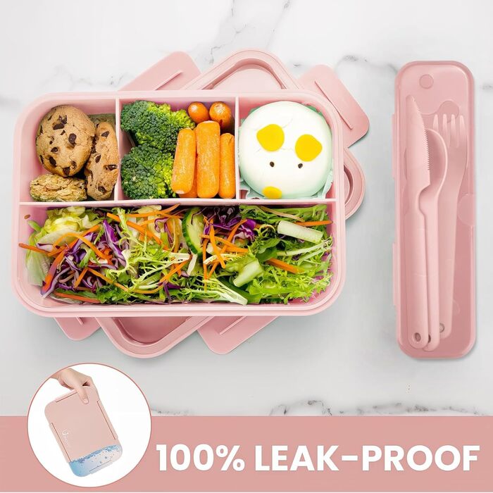 Ланчбокс Bugucat з роздільниками 1300 мл, дитячий контейнер для їжі, що не протікає, з 4 відділеннями. Бенто-бокс для дітей та дорослих, коробка для сніданку для хлопчиків та дівчаток, рожевий.