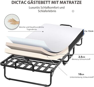 Розкладне ліжко DICTAC 90x200 см для дорослих з матрацом з піни з ефектом пам&39яті приблизно 13 см Гостьове ліжко Розкладне металеве каркасне розкладне ліжко з колесами Дорожнє ліжко Розкладне металеве ліжко Стабільне навантаження до 200 кг Розкладне ліж