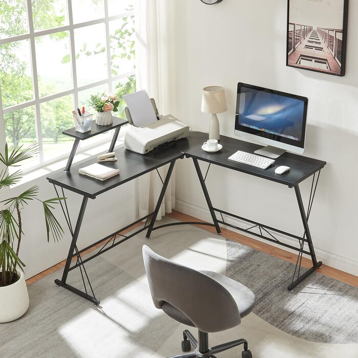 Подібний кутовий стіл Yremso, 122 x 122 x 98 см, комп&39ютерний стіл, офісний стіл з піднятою полицею, робочий стіл, металевий каркас, чорний