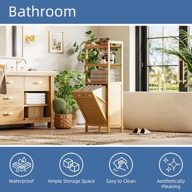 Шафа для ванної кімнати HITNET з кошиком для білизни, бамбукова шафа для ванної кімнати з кошиком для білизни та 3 відкритими полицями, знімні внутрішні кишені об&39ємом 32 л з ручками для ванної кімнати та спальні, натуральний колір