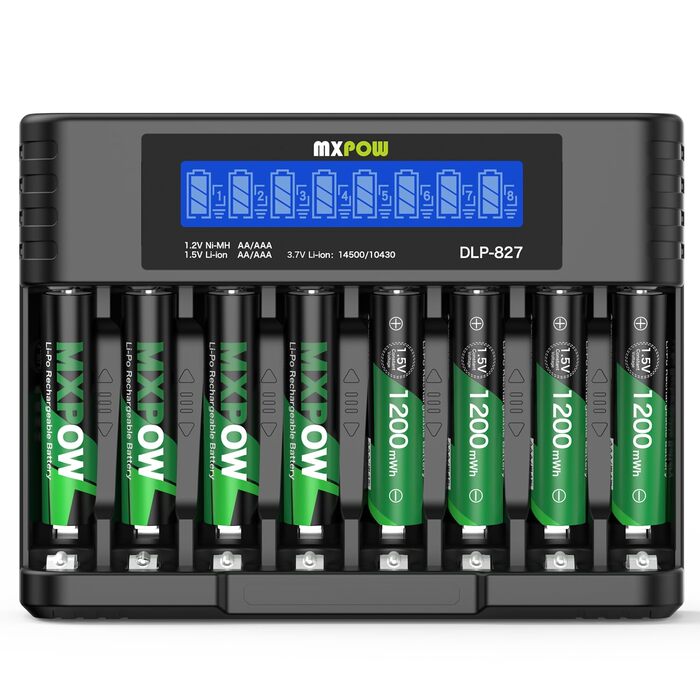 Літієві батарейки AAA 1,5 В, 8 шт. із зарядним пристроєм, висока ємність 1200 мВтгод, 1500 циклів розрядки/зарядки, акумуляторні батарейки AAA, тривалий термін служби з інтелектуальним зарядним пристроєм з РК-дисплеєм