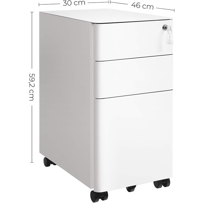Мобільна картотечна шафа SONGMICS, офісна шафа на колесах, настільна шафа, підлогова шафа, що замикається, шухляди, документи форматів DIN A4, Legal та Letter, підвісна система для файлів, білий OFC030W01
