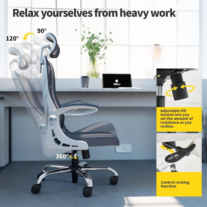 Ергономічне офісне крісло зі складною спинкою, письмове крісло з 2D-підголівником, відкидними підлокітниками та сітчастою поперековою опорою, обертове крісло, комп&39ютерне крісло, білий колір H White