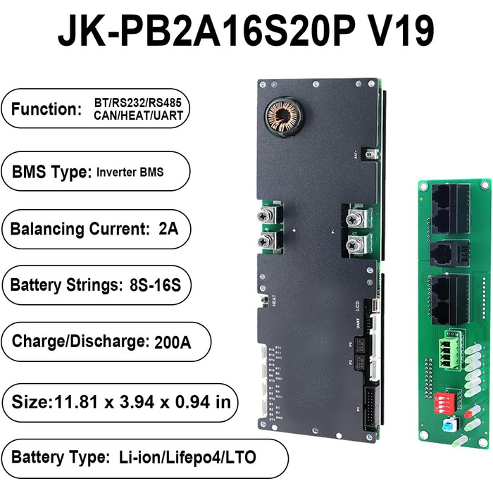 Інверторна система BMS JKBMS 8S-16S 24V-48V 200A - V19 для домашнього накопичення енергії BMS з UART для нового дисплея, активним балансуванням 2A, вбудованим Bluetooth, RS485 та CAN, для сонячної системи (JK-PB2A16S20P V19)