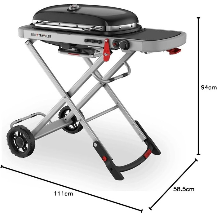 Газовий гриль Weber Traveler портативний складаний гриль на колесах з автоматичним замком кришки та вбудованим термометром, 1 пальник, ширина 111 см, площа гриля 2065 см, чорний (2026)