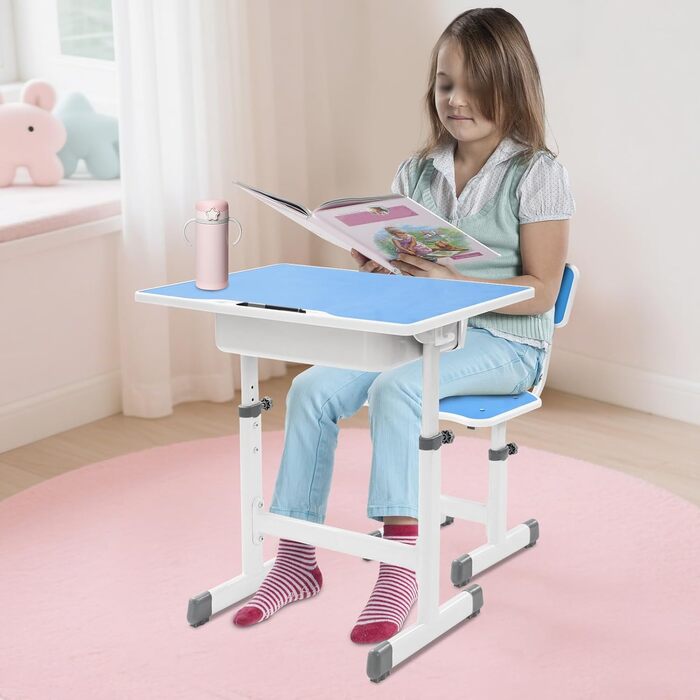 Дитячий комплект письмового столу зі стільцем, дитячий стіл та стілець з регульованою висотою, дитячий стіл для хлопчиків та дівчаток, молодіжний стіл (синій, білий)