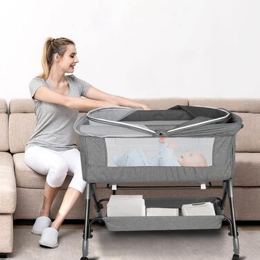 Дитяче ліжко Supfine Cododo 3-в-1 з матрацом та москітною сіткою, регульована висота, мобільна дитяча колиска для новонароджених/немовлят, ліжко Cododo з кошиком для зберігання (сірий лляний колір, 104 * 52 * 100-110 см) 104*52*100-110 см лляний сірий кол