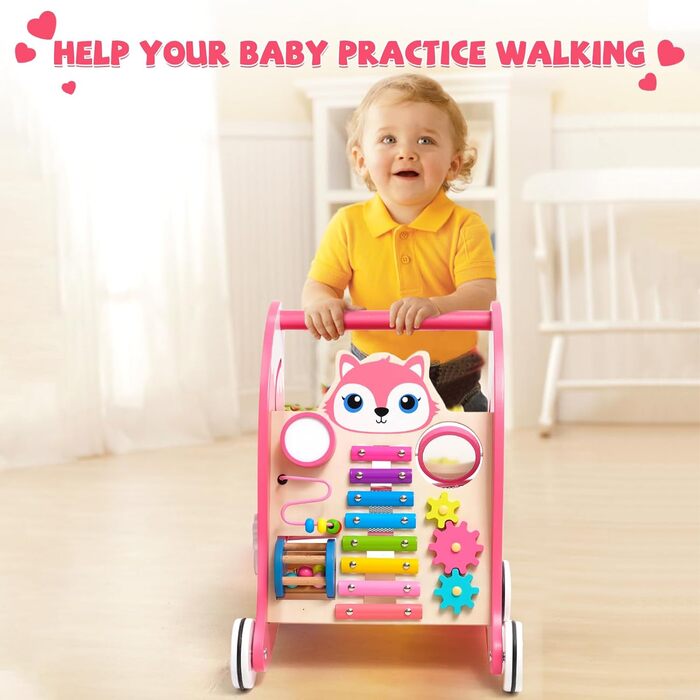 Дерев&39яні дитячі ходунки з іграшками Монтессорі, гумовими шинами, сортувальником фігур, шестернями, дзеркалами, ксилофоном та барабанами, підходить для дітей від 9 місяців, рожевого кольору