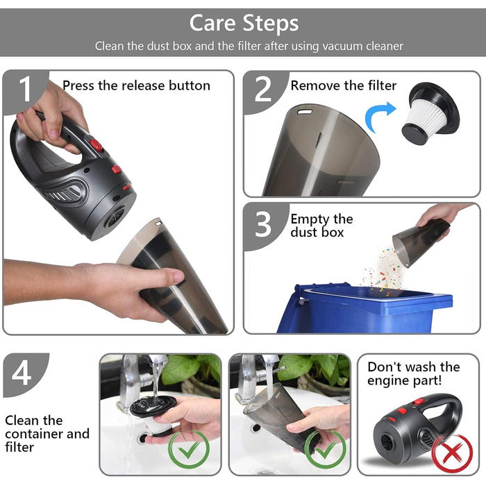 Акумуляторний ручний пилосос URAQT, 4 в 1 8500PA Легкий акумуляторний 120 Вт автомобільний пилосос Зарядка від USB з миючим фільтр