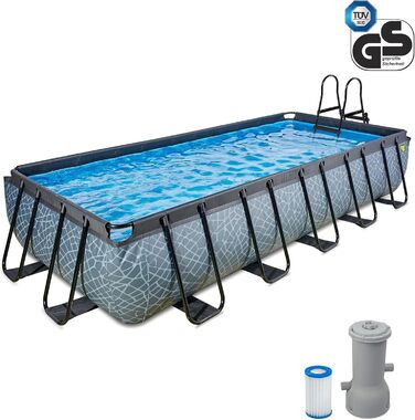 Кам&39яний басейн EXIT Toys - 540x250x100 см - Великий прямокутний каркасний басейн з картриджним фільтром та насосом - Надзвичайно глибокий басейн - Міцна рама - У комплекті драбина для басейну - Унікальний дизайн - Сірий