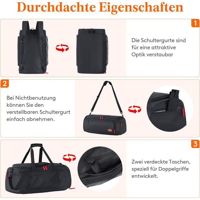 Чоловіча спортивна сумка Lifewit 40L, дорожній рюкзак з відділенням для взуття та вологим відділенням, спортивна сумка, водонепроникна тренувальна сумка для ручної поклажі під час польотів, спорт, фітнес, подорожі, чорний