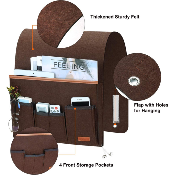 Органайзер для дивана, тримач для пульта дистанційного керування, приліжкова сумка з протиковзкою тумбочкою для зберігання телефону, журналів, книг, окулярів - кава