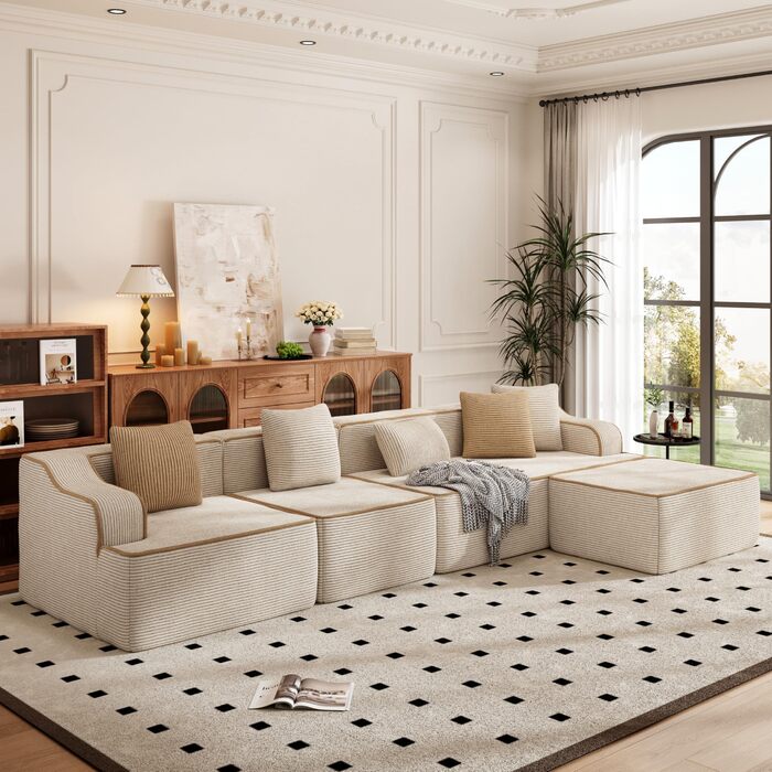 Кутовий диван PHI VILLA зі сном, Cloud, безкістковий диван, 5-місний L-подібний модульний диван для вітальні, вельвет, не потребує складання, бежевий, 5-місний, бежевий