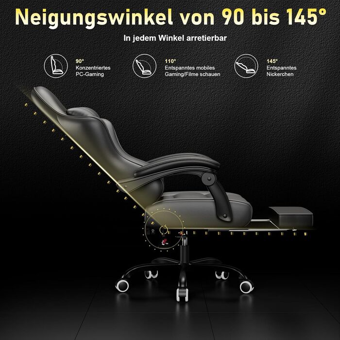 Ігрове крісло JUMMICO, Робоче крісло з функцією масажу, Ергономічне офісне крісло з підставкою для ніг, 150 кг, Чорне