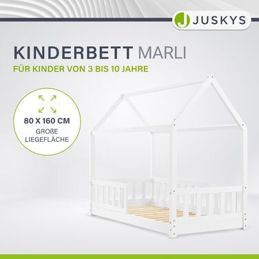 Дитяче ліжко Juskys Marli 80 x 160 см із захистом від падіння, рейковою основою та дахом - Ліжко-будиночок з масиву дерева для дітей - Ліжко білого кольору