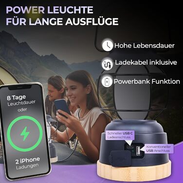 Зовнішній світлодіодний ліхтар для кемпінгу Adventure Light - стійкий до атмосферних впливів кемпінговий ліхтар із батареєю з часом горіння до 200 годин, безперервним затемненням, 2 колірними температурами затишною та освіжаючою, 390 люмен, USB-перезарядж