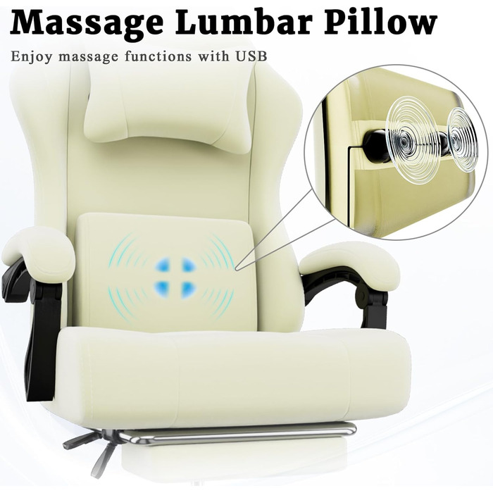 Ігрове крісло Cavabien, Ігрове крісло з масажною поперековою опорою та підставкою для ніг, Геймерське крісло з регулюванням висоти з тканини з подушками кишенькових пружин (біле)