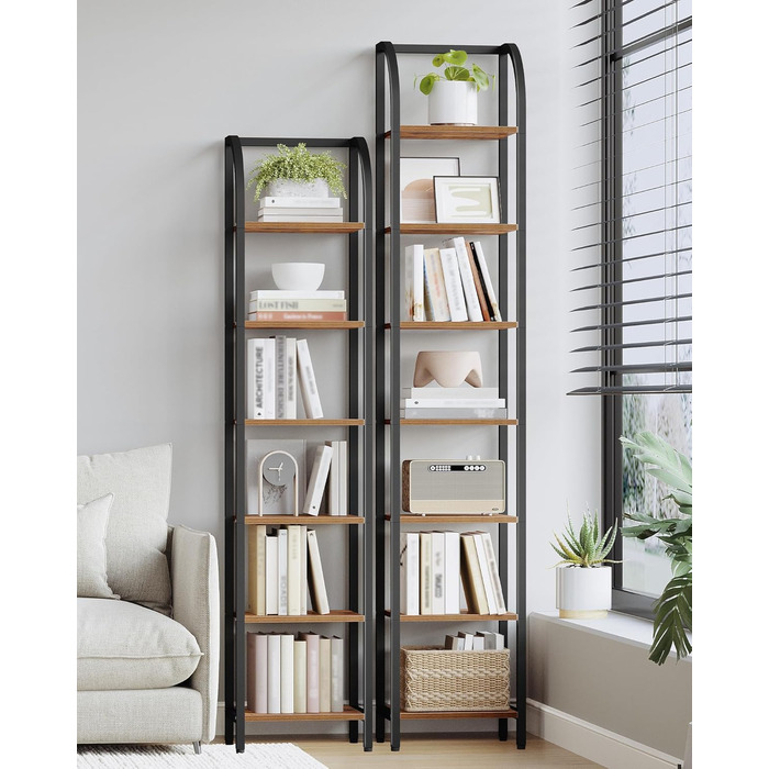 Полиця Hzuaneri, книжкова шафа, 7-ярусна полиця, полиця для DVD, вузькі полиці, офісна полиця в індустріальному стилі, металевий каркас для вітальні, спальні, кухні, вінтажний коричнево-чорний BC57001B 30 x 33,6 x 208,5 см, вінтажний коричнево-чорний