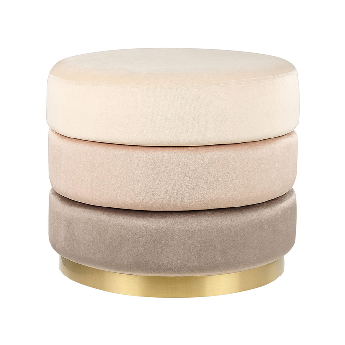 Пуф Beliani, оксамитовий, бежевий, круглий, Ø 39 см, золотий обідок, нержавіюча сталь, трирівневий градієнт кольорів, Louin