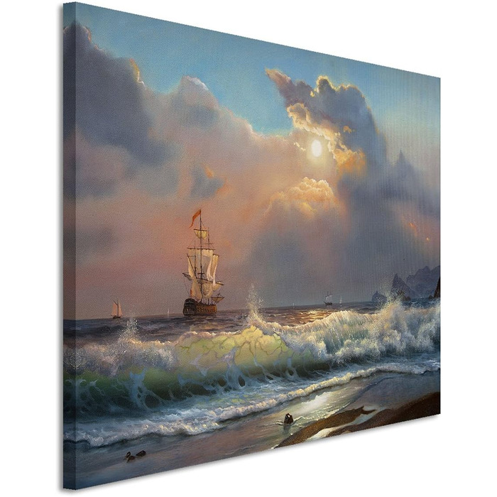 Полотно картина на підрамнику олійний живопис пляж морські хвилі вітрильник хмари полотно фреска як панорама, 120x80