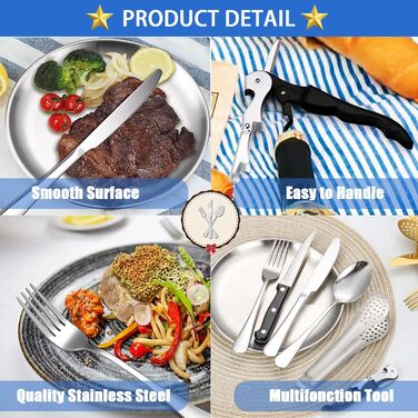 Набір посуду для кемпінгу для 4 осіб, 20 предметів, набір столових приборів для кемпінгу, нержавіюча сталь, з ложкою, виделкою, ножем, тарілкою та затискачем для кемпінгу, пікніків та подорожей, сріблястого кольору