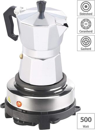 Гаряча плита Rosenstein & Shne електрична міні-одинарна конфорка та кавоварка для еспресо, 500 Вт, 3 чашки (міні-плита для еспресо-машини, мала конфорка для еспресо, індукційна плита)