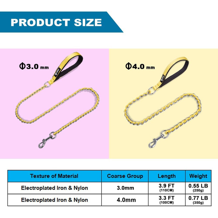 Ланцюговий повідок для собак Tspro, міцний проти укусів, з м'якою ручкою, металевий ланцюг для середніх та великих собак, з D-кільцем з нержавіючої сталі, анти-гризучий, сірий (3 мм, 110 см)