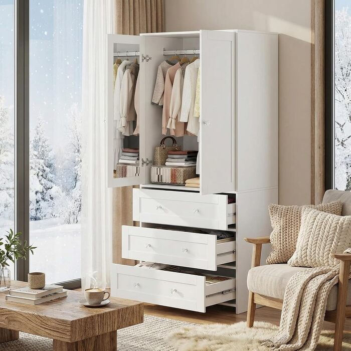 Шафа VOWNER, 2-дверна шафа, шафа для передпокою з великим місцем для зберігання, універсальна шафа з розсувними дверима та 3 шухлядами, шафа для спальні, для спальні, білий, 80x180x48 см (Ш/В/Г)