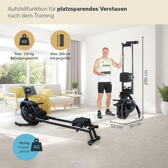 Водний гребний тренажер Skandika Nemo IV Водний гребний тренажер студійної якості для домашнього використання, сертифікований TV Sd, Kinomap, тримач для планшета, стійкий Водостійкий гребний тренажер, чорний