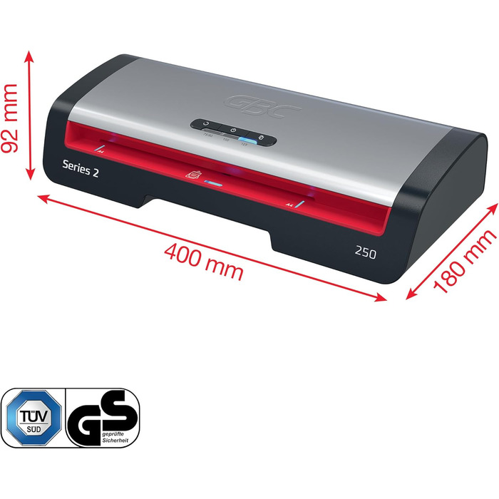 Ламінатор GBC 250 Office A4 - Швидкий прогрів за 1 хвилину, 75-125 мікрон, світлодіодний індикатор, захист від застрягання, автоматичне вимкнення, вкл. 5 пакетів для ламінування A4, чорний/червоний, 4410070EU