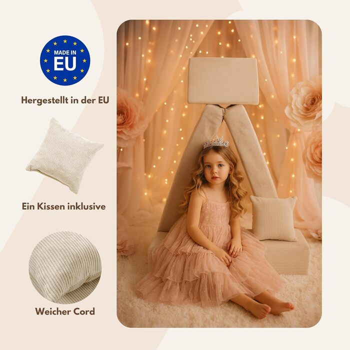 Дитяче крісло Angelove 3-в-1 - Складаний дитячий диван та ігровий матрац з вельвету, Зручне ігрове крісло від 1 року, Бежевий