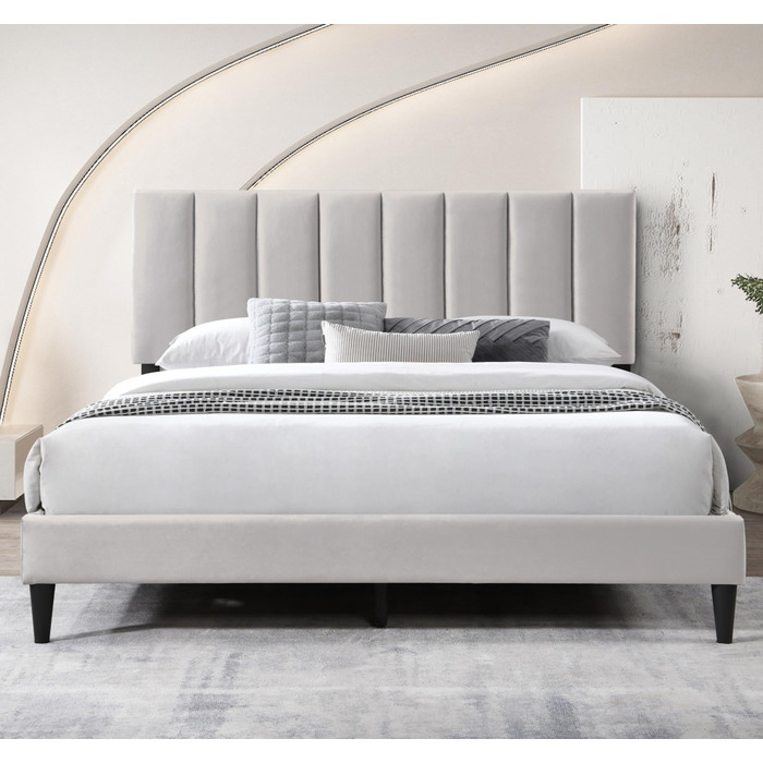 Ліжко Home Collective 140x200 см М&39яке ліжко з рейковою основою Каркас ліжка Двоспальне ліжко з м&39яким чохлом та м&39яким узголів&39ям з вертикальною стьобаною поверхнею Міцний каркас Високий комфорт сну Бежевий 140x200 см 140 x 200 см Бежевий (Стиль 