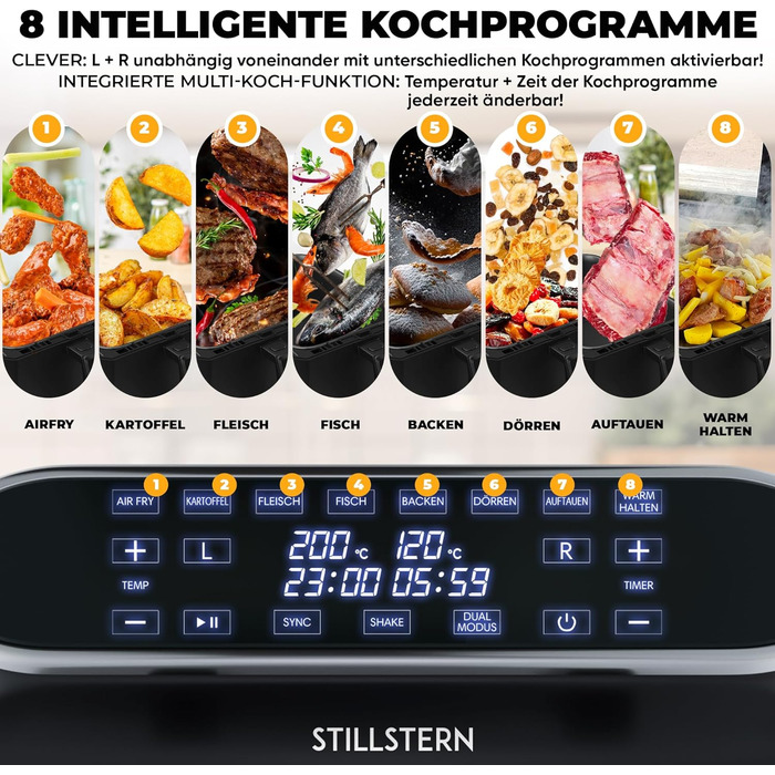 Л, 2400 Вт, 80-200 C, функція струшування розроблена STILLSTERN, Same-End, 120 рецептів GERMAN, 8 програм, зневоднення, розморожування та підтримання тепла, фритюрниця чорна, 1-8 Pers 2x4 8