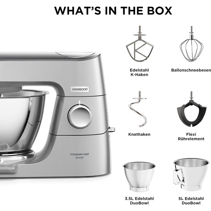 Кухонний комбайн Kenwood Titanium Chef Baker KVC85.004SI з вбудованими вагами, в т.ч. набір кондитерських виробів з 3 предметів, чаша для змішування 5 л і 3,5 л, безступінчастий регулятор швидкості, 1200 Вт, срібло