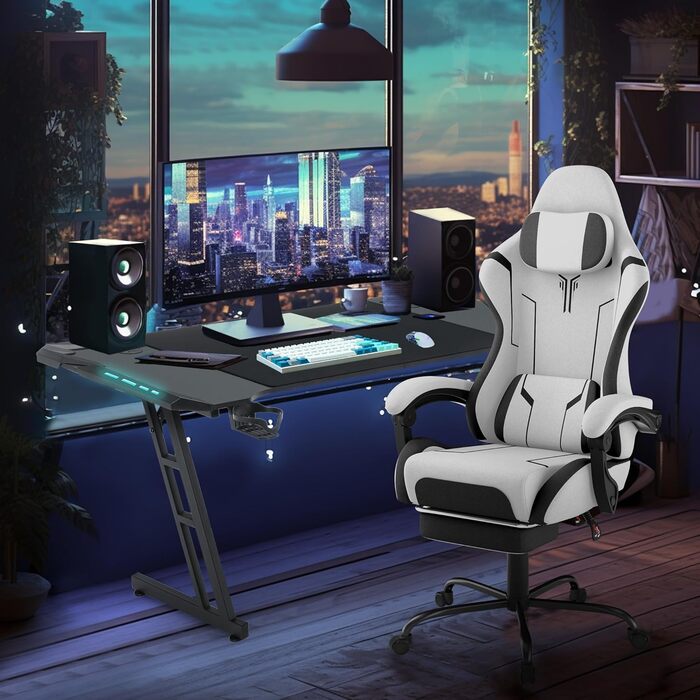 Геймерське крісло з вібраційним масажем та підставкою для ніг, ергономічне кіберспортивне крісло з підголівником та підлокітниками, офісне крісло, регульована висота до 135 кг, біле бавовняне льонне крісло