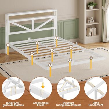 Плаваючий каркас ліжка 140x190 зі світлодіодним освітленням та зарядною станцією, Плаваючий каркас ліжка з узголів&39ям для зберігання, Металеве ліжко з металевою рейковою основою, Гостьове ліжко, Двоспальне ліжко, Дитяче ліжко - без матраца, 140 x 190 см