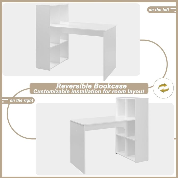 Письмовий стіл eSituro з 6 полицями, 120x63 см, білий комп&39ютерний стіл з місцем для зберігання, офісний стіл, ПК-стіл, кутовий стіл для навчання, вітальні, спальні, офісу, можна встановити ліворуч або праворуч