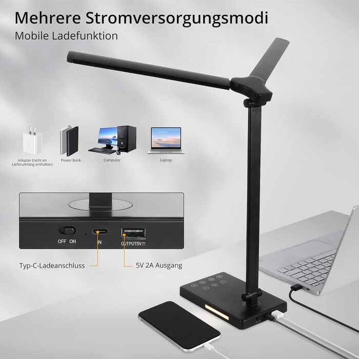 Світлодіодна настільна лампа iVict Dual Arm з нічником, сенсорним керуванням, 5 режимами освітлення, функцією заряджання USB, тайм