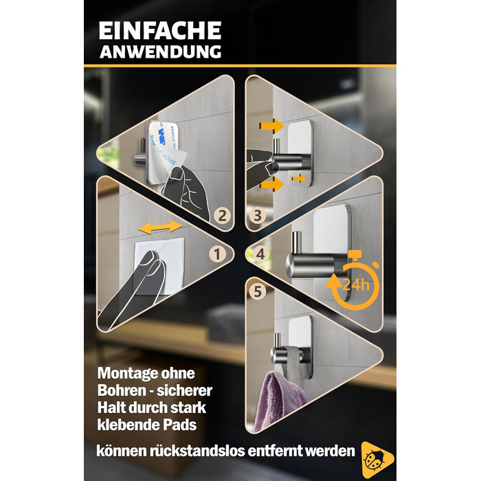 Рушникосушка Menz без свердління, 6 шт. - гачки для рушників для ванної з нержавіючої сталі, водонепроникні клейкі гачки, стильні