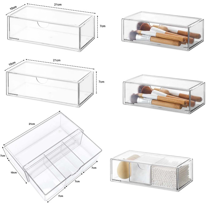 Міні-органайзер для ванної кімнати з шухлядами, комплект з 3 шт. , виготовлений з акрилу, штабелюється, прозорий, для комода, туалетного столика, дзеркальної шафки, всередині, 3 комплекти, 21Г x 21Ш x 10В см