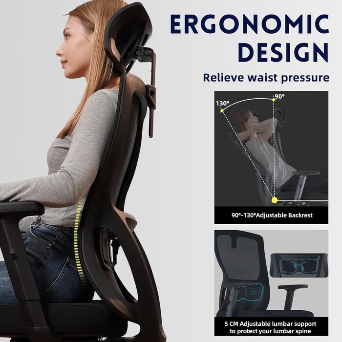 Ергономічне офісне крісло, стілець для роботи з регульованим підголівником, підлокітниками та поперековою опорою, обертове крісло з сітки, крісло для керівника з регульованою висотою, комп&39ютерне крісло з функцією гойдання, вантажопідйомність 150 кг