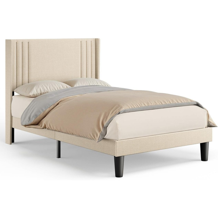 Ліжко Bealife з м&39якою оббивкою 120 x 200 см з рейковою основою міцний каркас ліжка з дерева та металу, м&39яке двоспальне ліжко з узголів&39ям для спальні та дитячої кімнати (бежевий, 120 * 200 см)