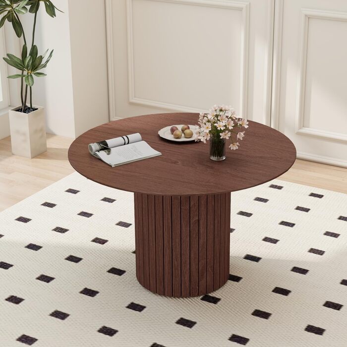 Сучасний круглий обідній стіл у стилі вабі-сабі, темно-коричневий з дерев&39яною текстурою та циліндричною основою, 120 x 120 x 76 см