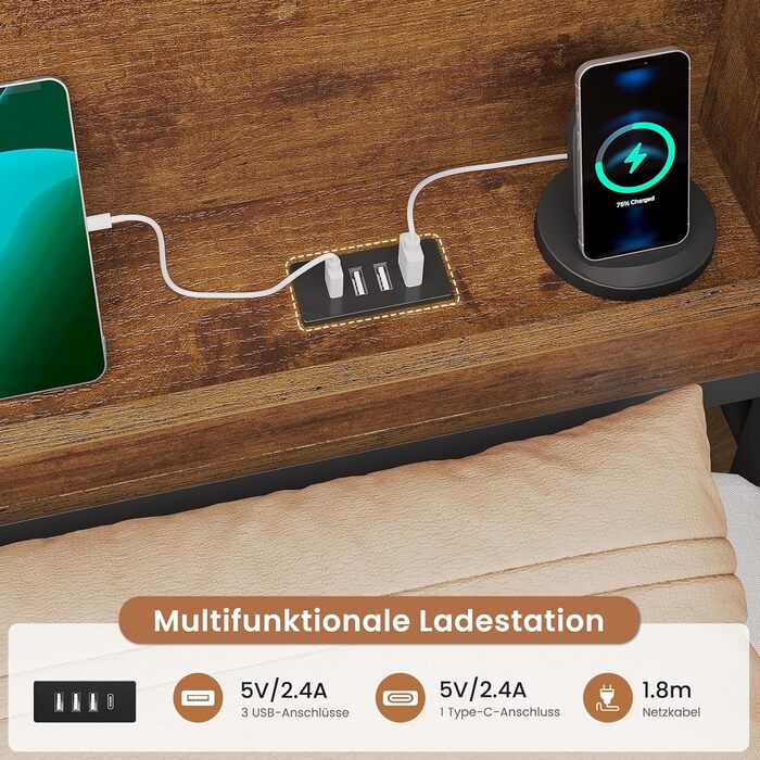 Ліжко 140x200 з місцем для зберігання речей, диван-ліжко з вбудованою книжковою полицею та 6 шухлядами, дитяче ліжко зі світлодіодним освітленням та зарядною станцією, гостьове ліжко, кушетка, каркас ліжка з рейковою основою (вінтажний коричневий, 140x200