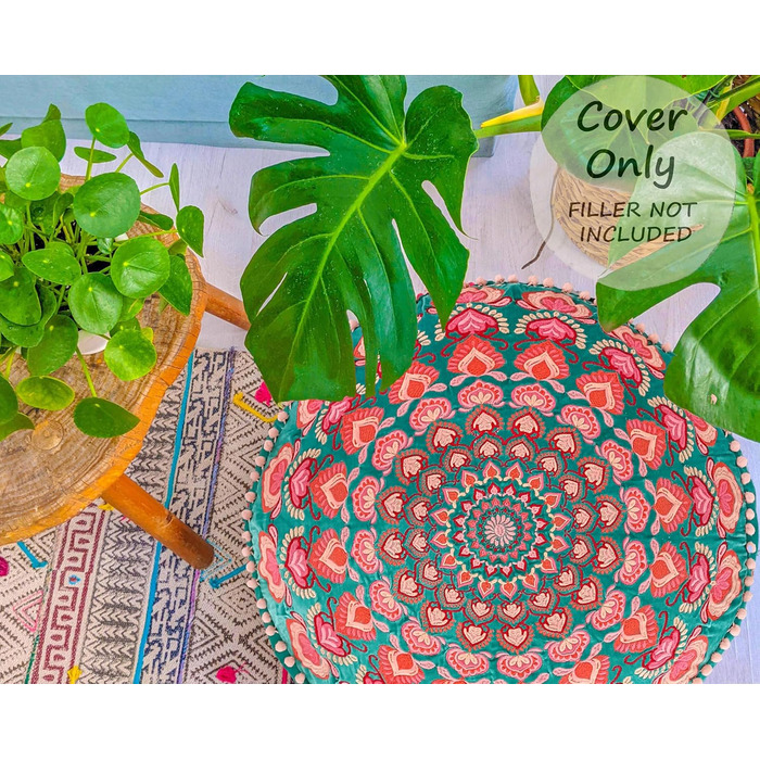 Бірюзовий круглий пуф-пуф з оксамитовою вишивкою Мяка вишита підлогова подушка з марокканським візерунком, діаметром 60 см, ідеально підходить для вітальні, спальні або кімнати для медитації. Бірюзовий колір 59Г x 59Ш x 20В см