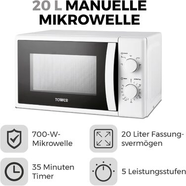 Ручна мікрохвильова піч Tower T24034WHT 20 літрів 700 Вт з 5 рівнями потужності та таймером на 35 хвилин - мікрохвильова піч біла