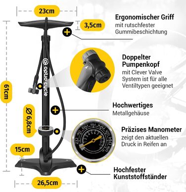 Велосипедний насос Optio Cycle, підлоговий, 61 см, 11 бар / 160 PSI, сталь/пластик, чорний